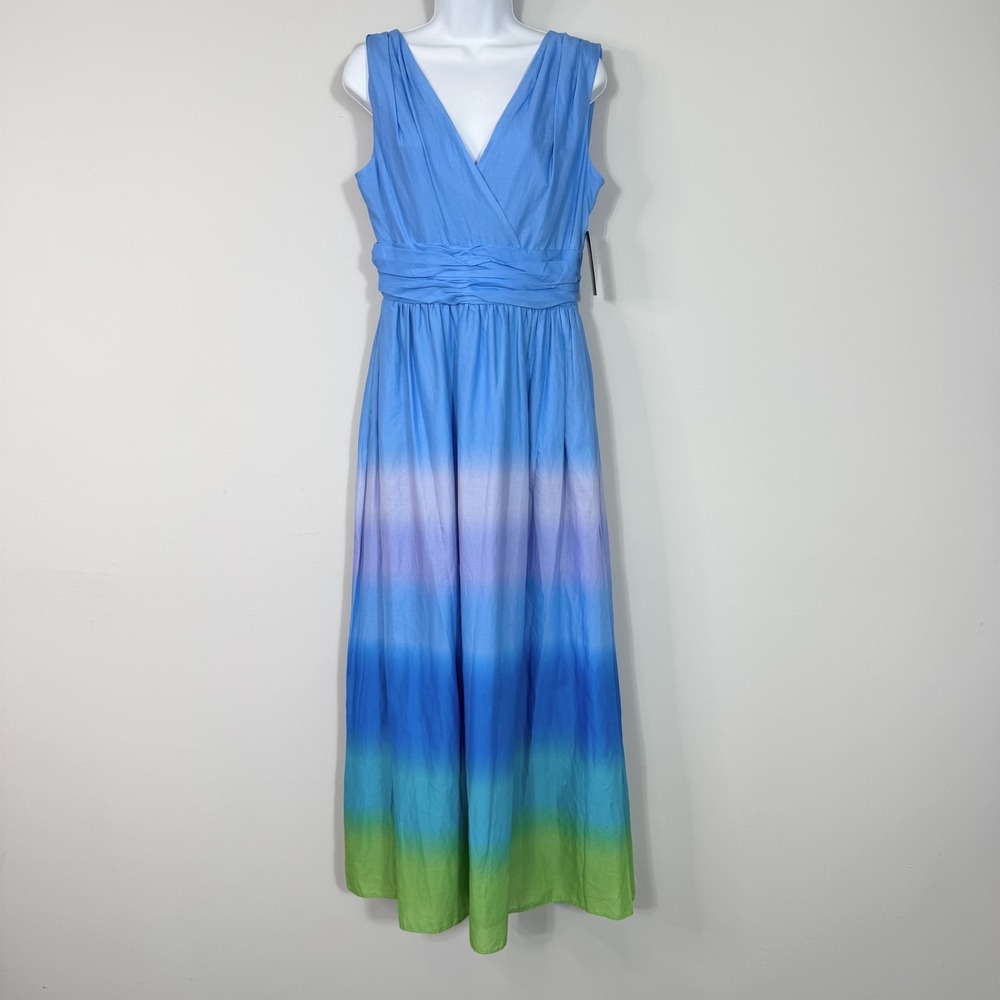 Taylor Dress Womens Medium Blue Green Ombre Maxi Sleeveless Summer 100%‎ Cotton